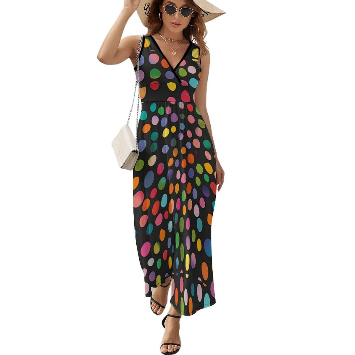 Robe longue sans manches à pois colorés pour femme, col en V, style débardeur
