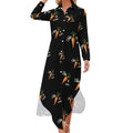 Robe-chemise fantaisie pour femme, motif carotte crue, boutonnée, manches longues, fendue, maxi.
