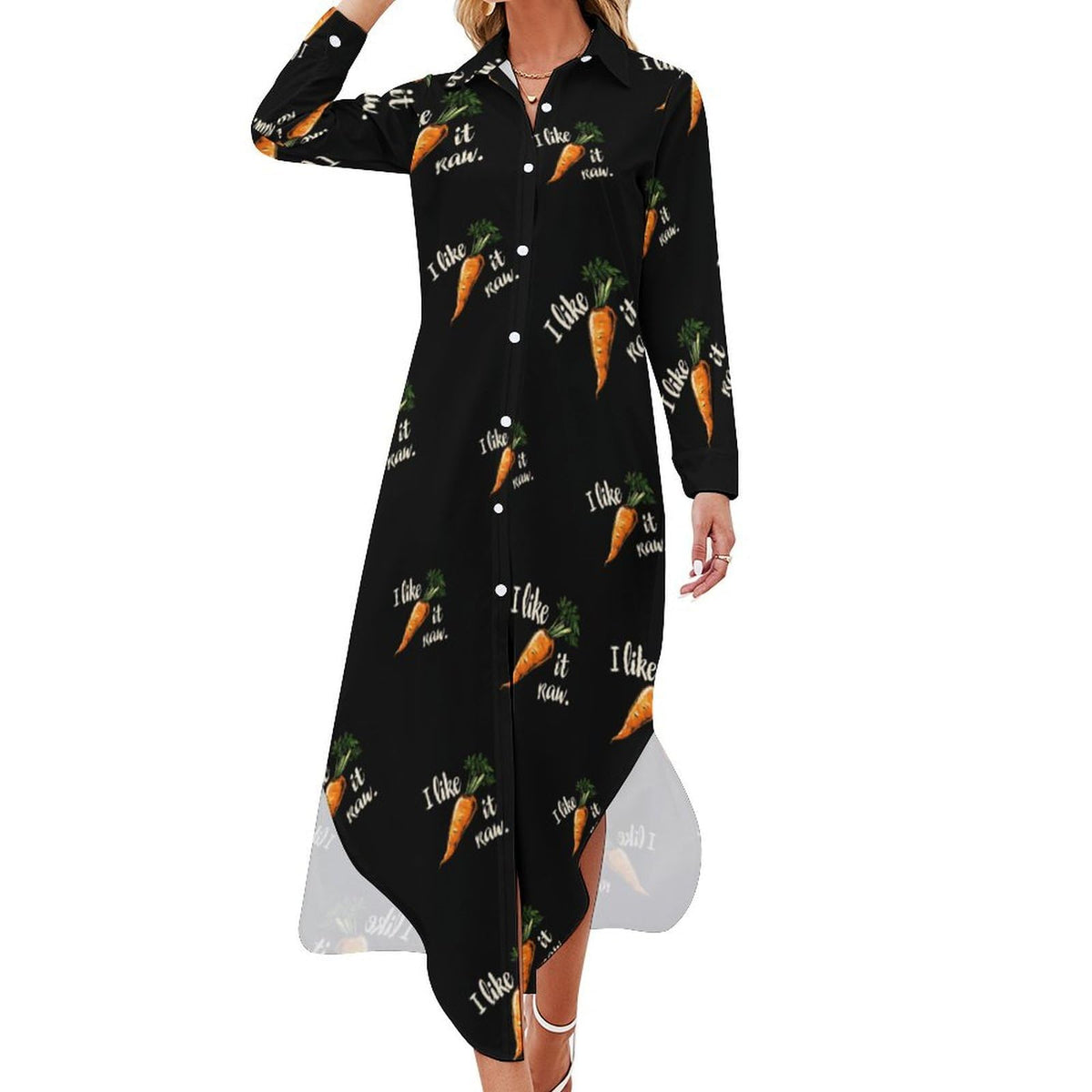 Robe-chemise fantaisie pour femme, motif carotte crue, boutonnée, manches longues, fendue, maxi.