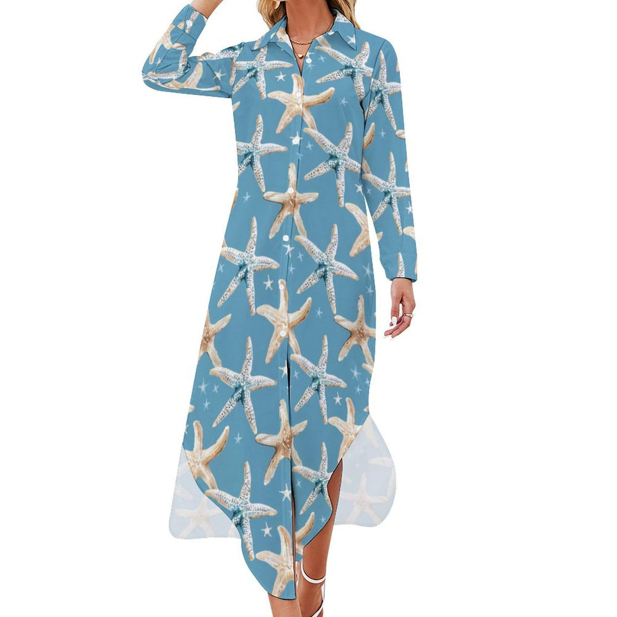 Robe-chemise fantaisie pour femme en forme de coquillage d'étoile de mer, boutonnée, manches longues, fendue, maxi