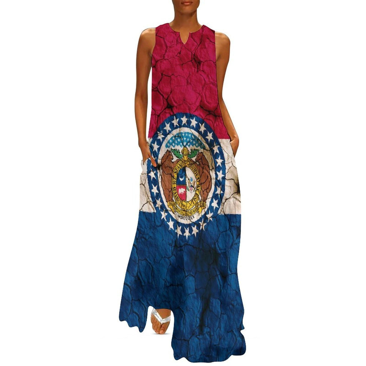 Robe longue maxi maxi sans manches pour femme, ornée du drapeau du Missouri et d'un sol craquelé. Col en V, coupe ample, unie, avec poches.