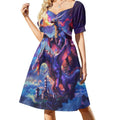 Robe d'été à manches courtes et col en V pour femme, style château de nuit dragon